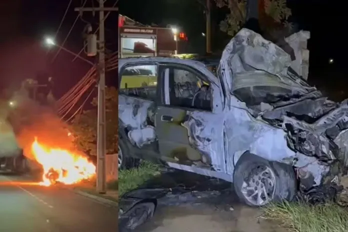 Motorista bate carro alugado com 8 pessoas em muro, foge e veículo pega fogo em Campo Grande